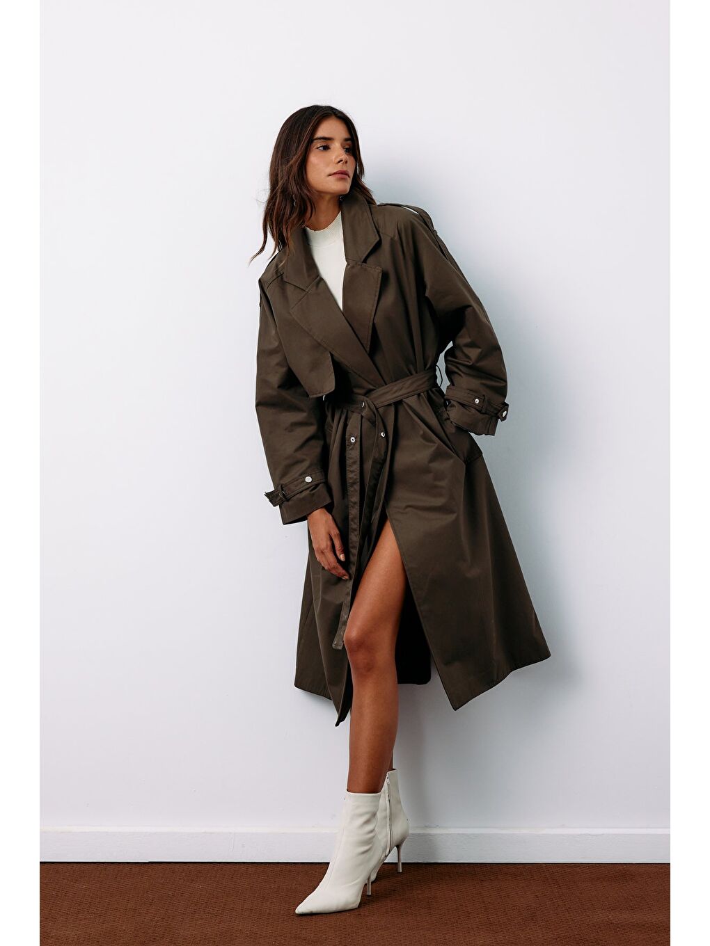 Kuşaklı Uzun Trençkot - Haki-2