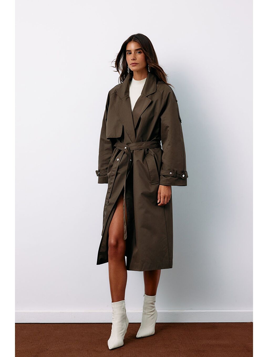 Kuşaklı Uzun Trençkot - Haki-4