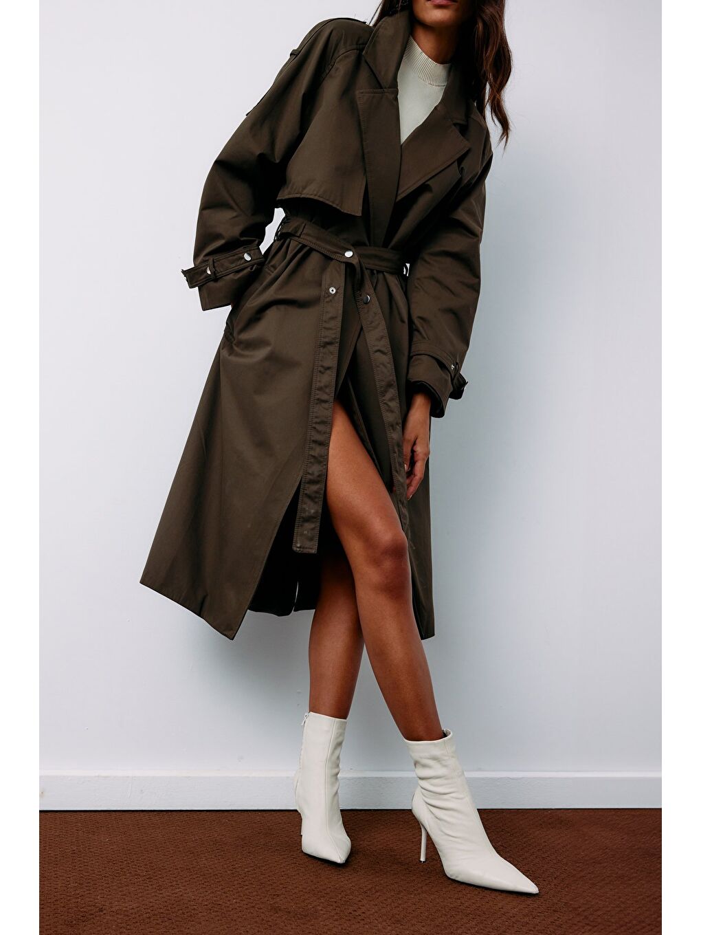 Kuşaklı Uzun Trençkot - Haki-6
