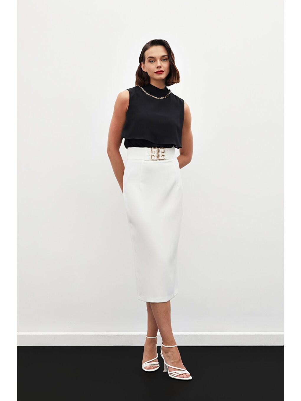 Aksesuar Detaylı Kalem Etek - Ekru-1