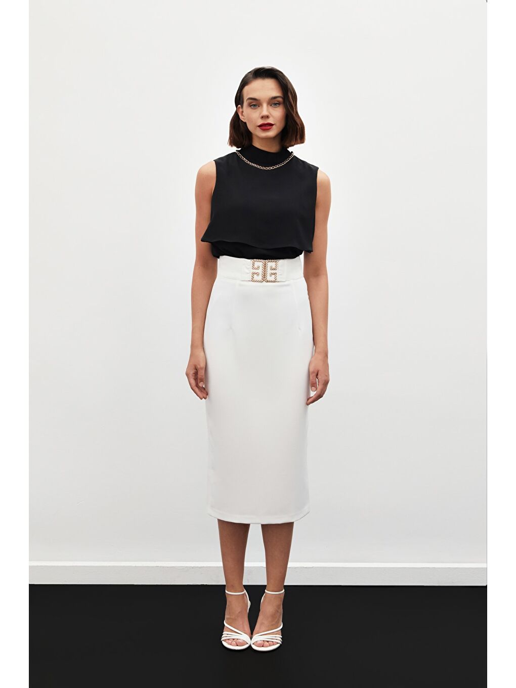 Aksesuar Detaylı Kalem Etek - Ekru-2