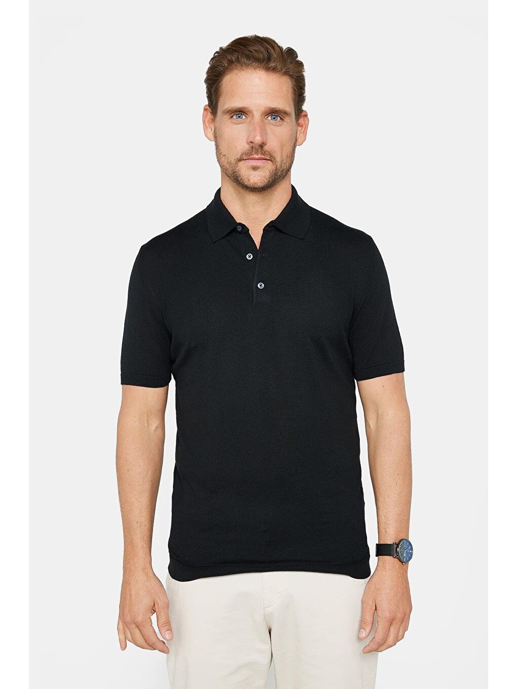 Erkek Polo Yaka Slim Fit Örme Triko Pamuklu Siyah Tişört-1