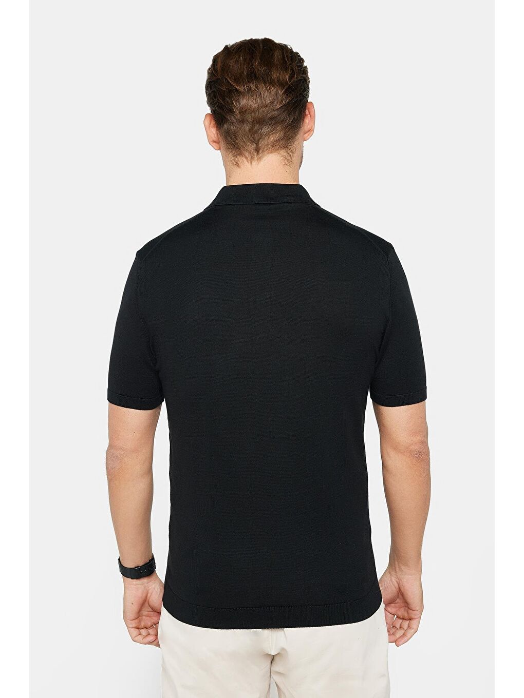 Erkek Polo Yaka Slim Fit Örme Triko Pamuklu Siyah Tişört-4