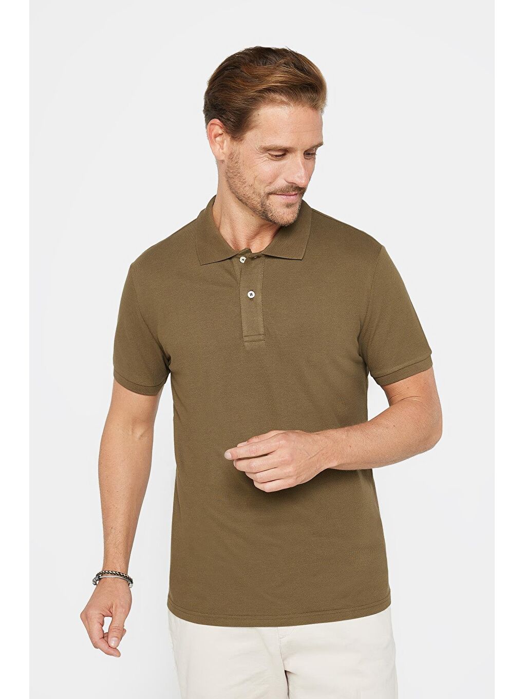 Erkek Slim Fit Dar Kesim %100 Pamuk Düz Pike Haki Polo Yaka Tişört