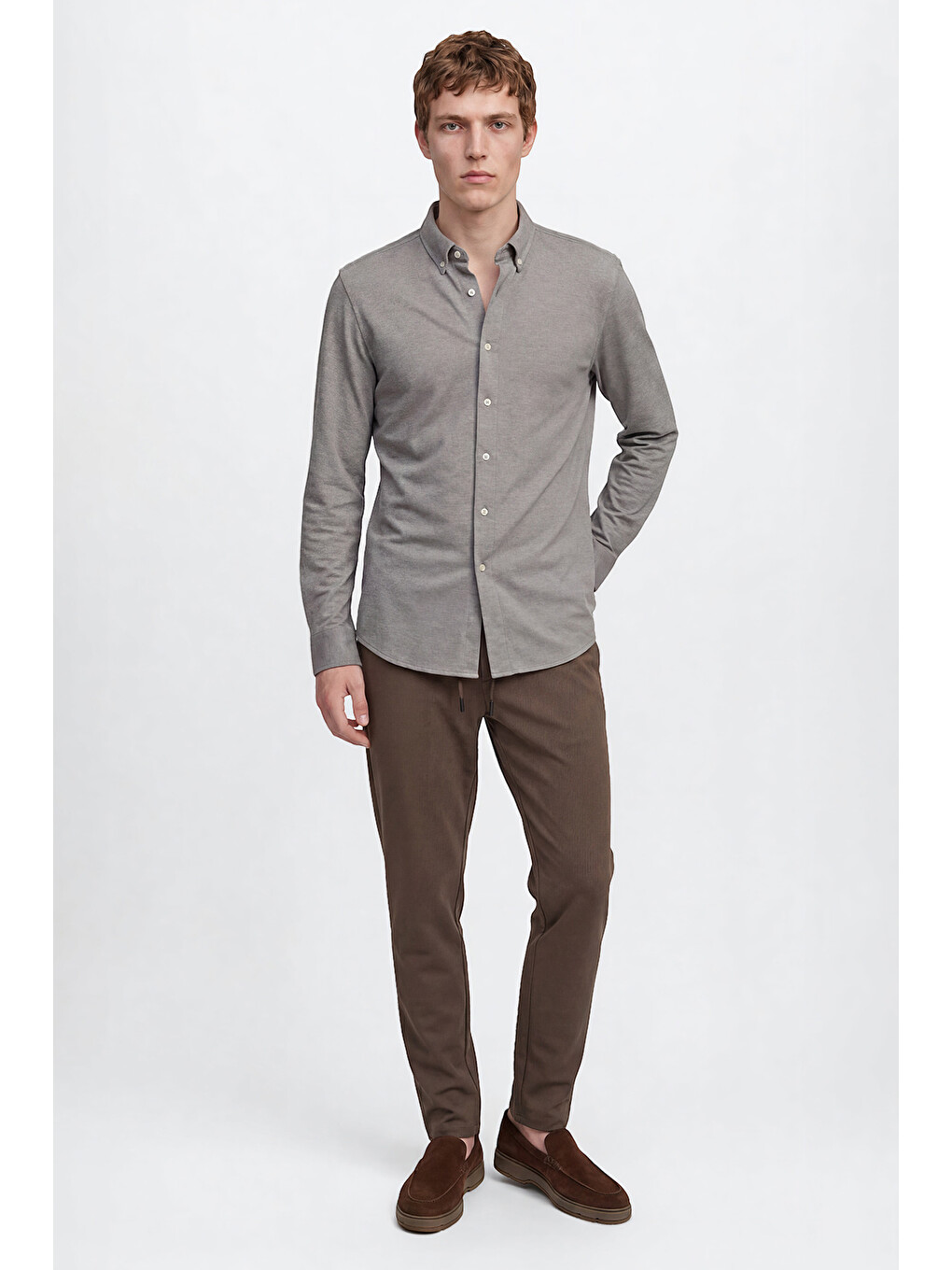 Erkek Gri Pamuklu Tailored Slim Fit Dar Kesim Düğmeli Yaka Örme Gömlek-1