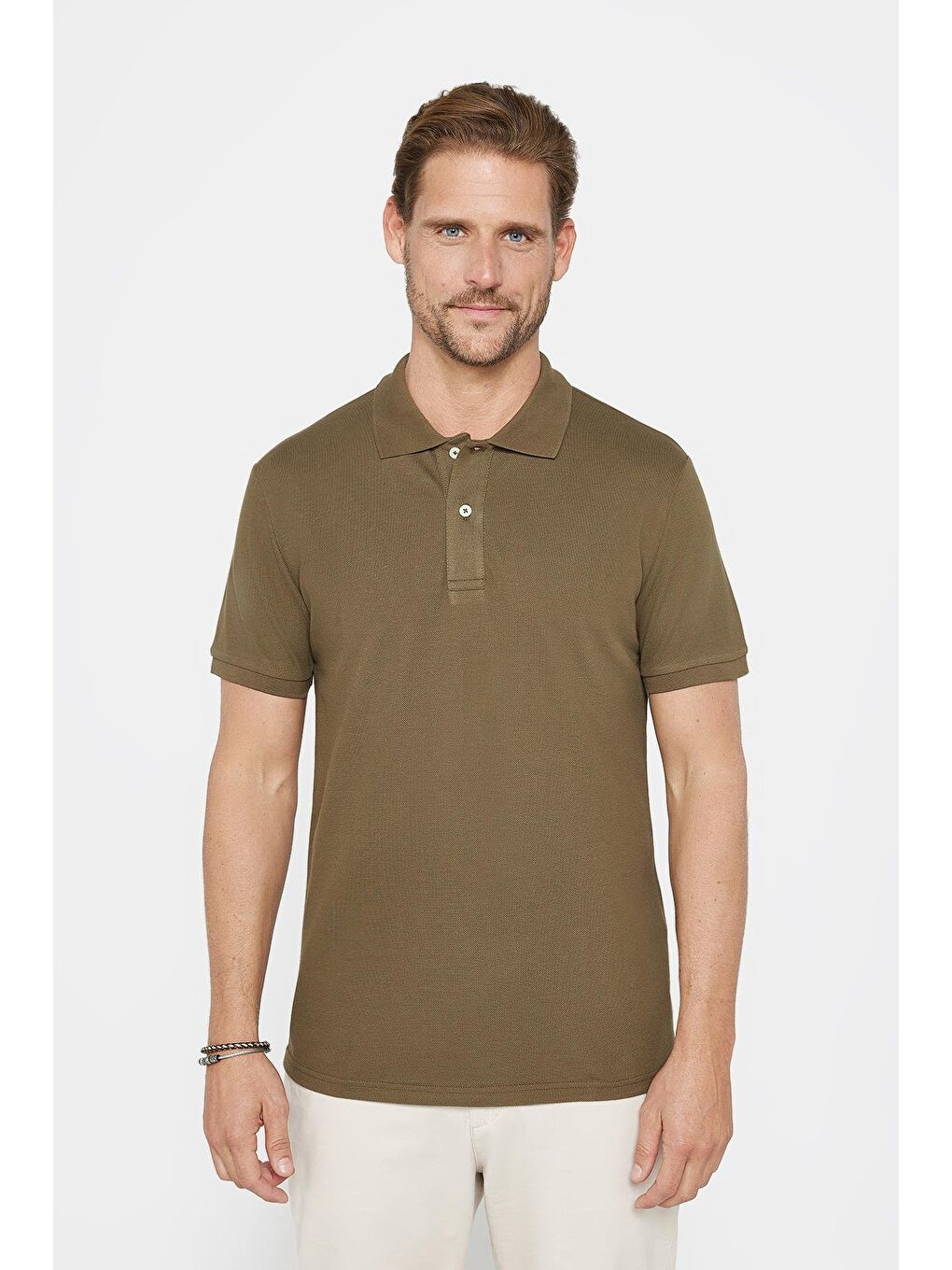 Erkek Slim Fit Dar Kesim %100 Pamuk Düz Pike Haki Polo Yaka Tişört-1