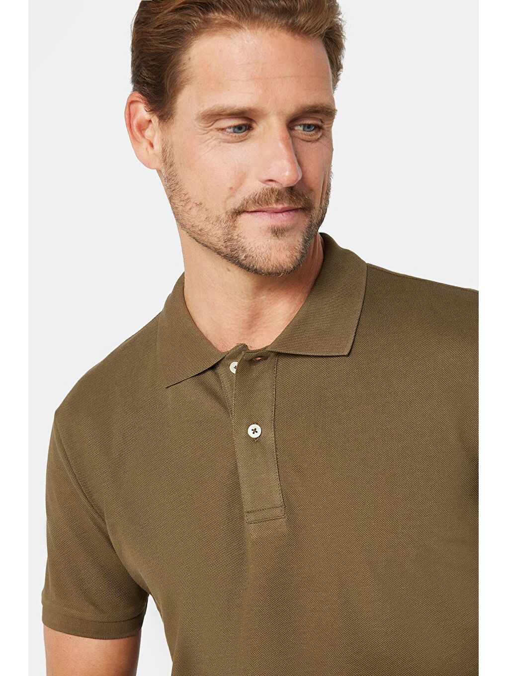 Erkek Slim Fit Dar Kesim %100 Pamuk Düz Pike Haki Polo Yaka Tişört-2