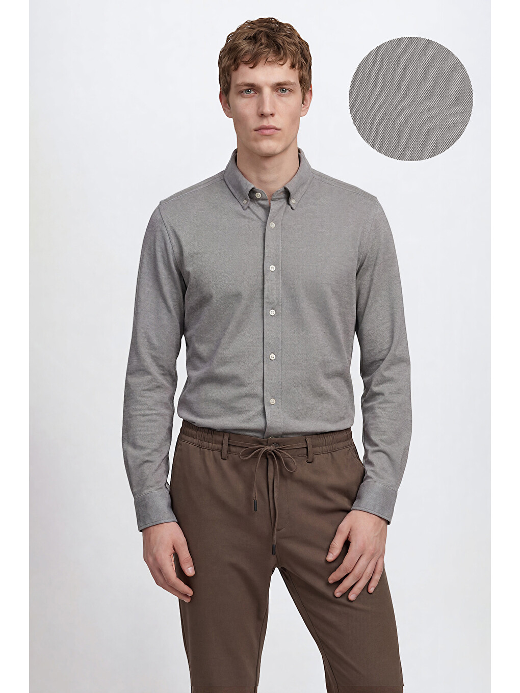 Erkek Gri Pamuklu Tailored Slim Fit Dar Kesim Düğmeli Yaka Örme Gömlek-2