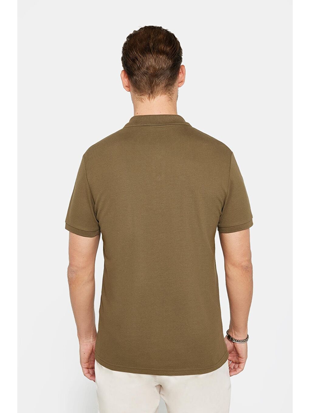 Erkek Slim Fit Dar Kesim %100 Pamuk Düz Pike Haki Polo Yaka Tişört-4