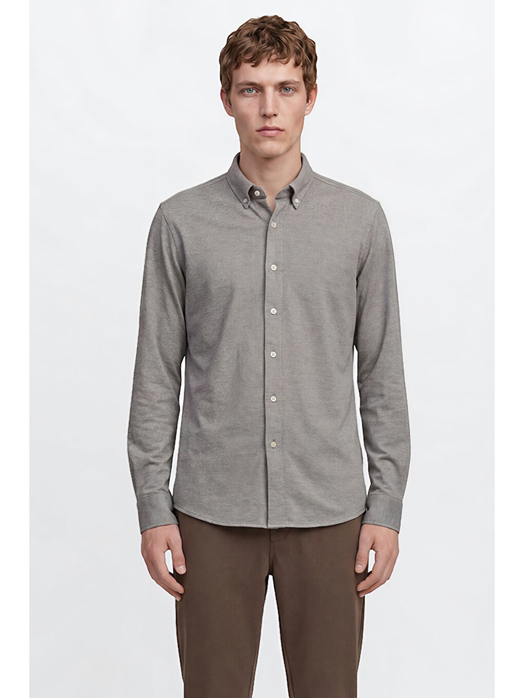 Erkek Gri Pamuklu Tailored Slim Fit Dar Kesim Düğmeli Yaka Örme Gömlek-4