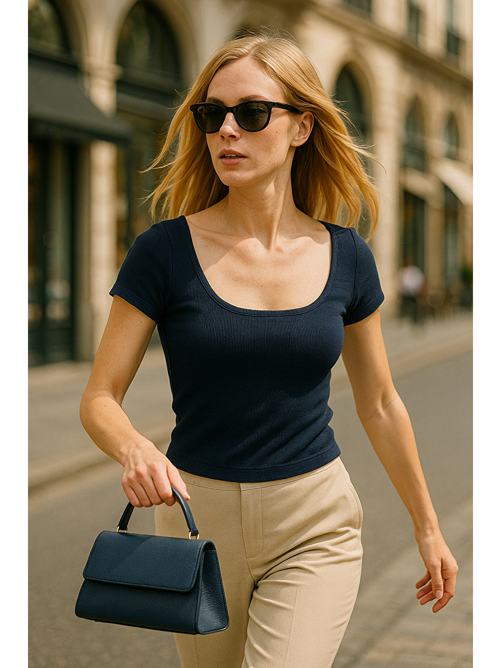 Lacivert Geniş Yaka Kadın Tişört Mg2341-4