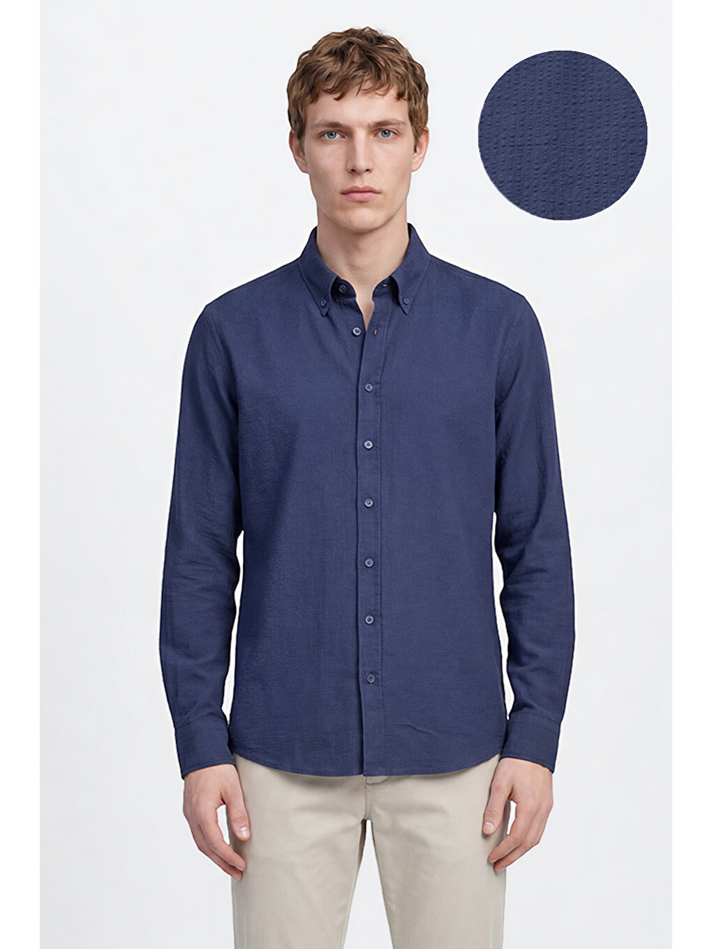 Erkek Lacivert %100 Pamuk Slim Fit Dar Kesim Düğmeli Yaka Gofre Desenli Gömlek