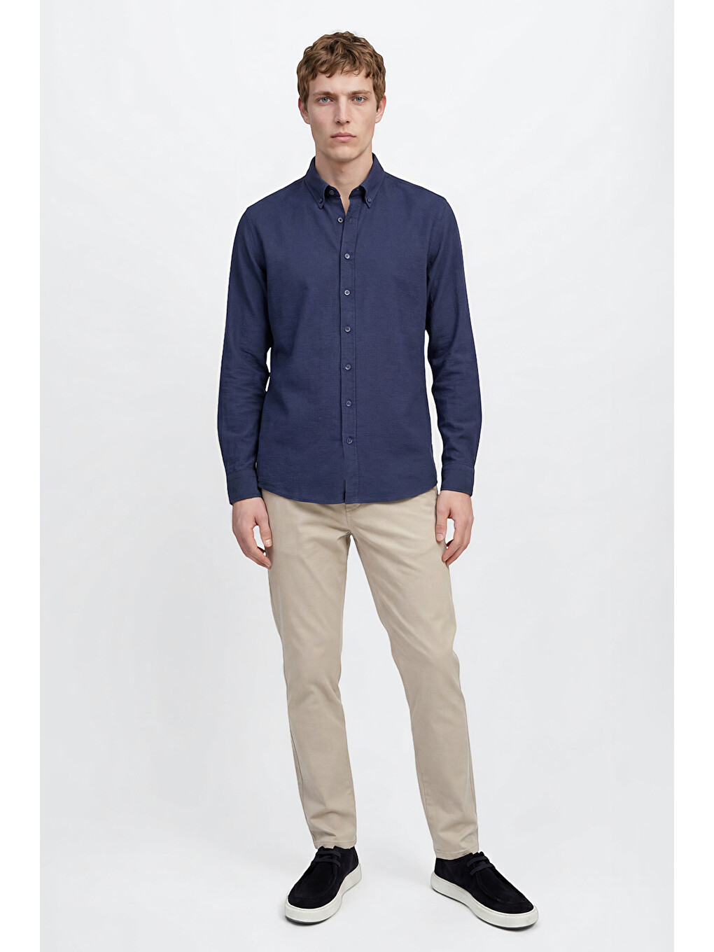 Erkek Lacivert %100 Pamuk Slim Fit Dar Kesim Düğmeli Yaka Gofre Desenli Gömlek-1
