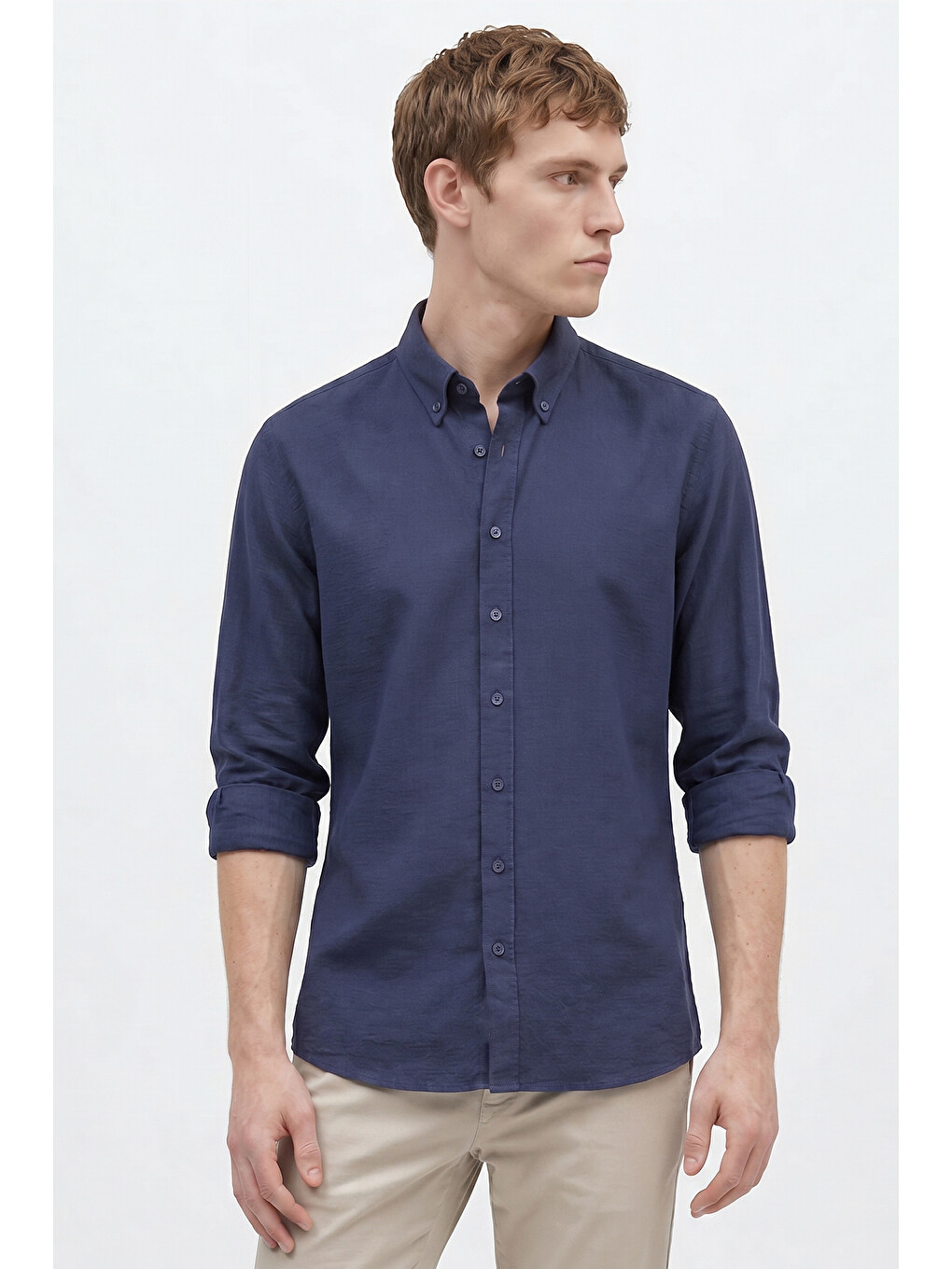 Erkek Lacivert %100 Pamuk Slim Fit Dar Kesim Düğmeli Yaka Gofre Desenli Gömlek-2