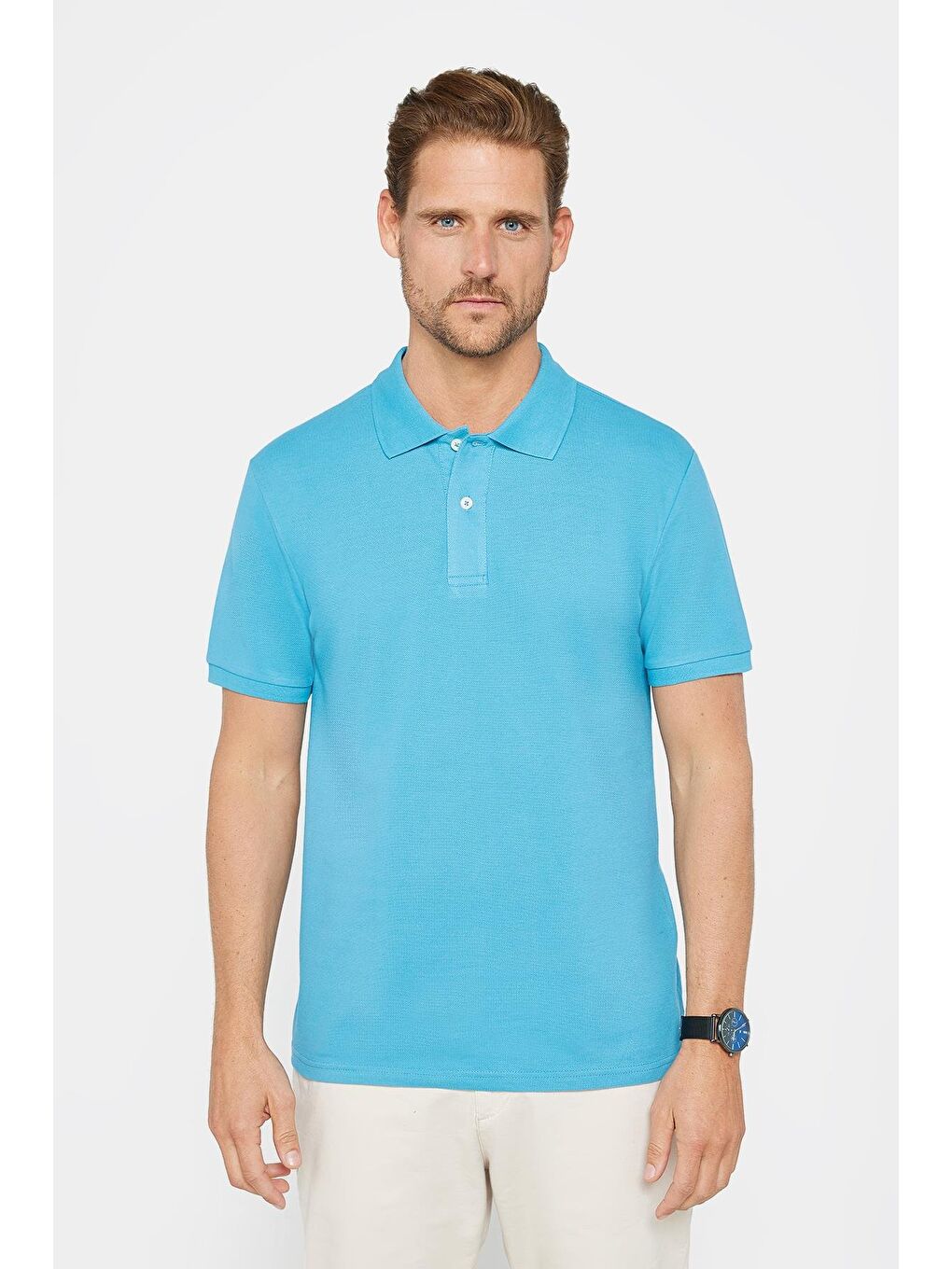 Erkek Slim Fit Dar Kesim %100 Pamuk Düz Pike Mavi Polo Yaka Tişört-1