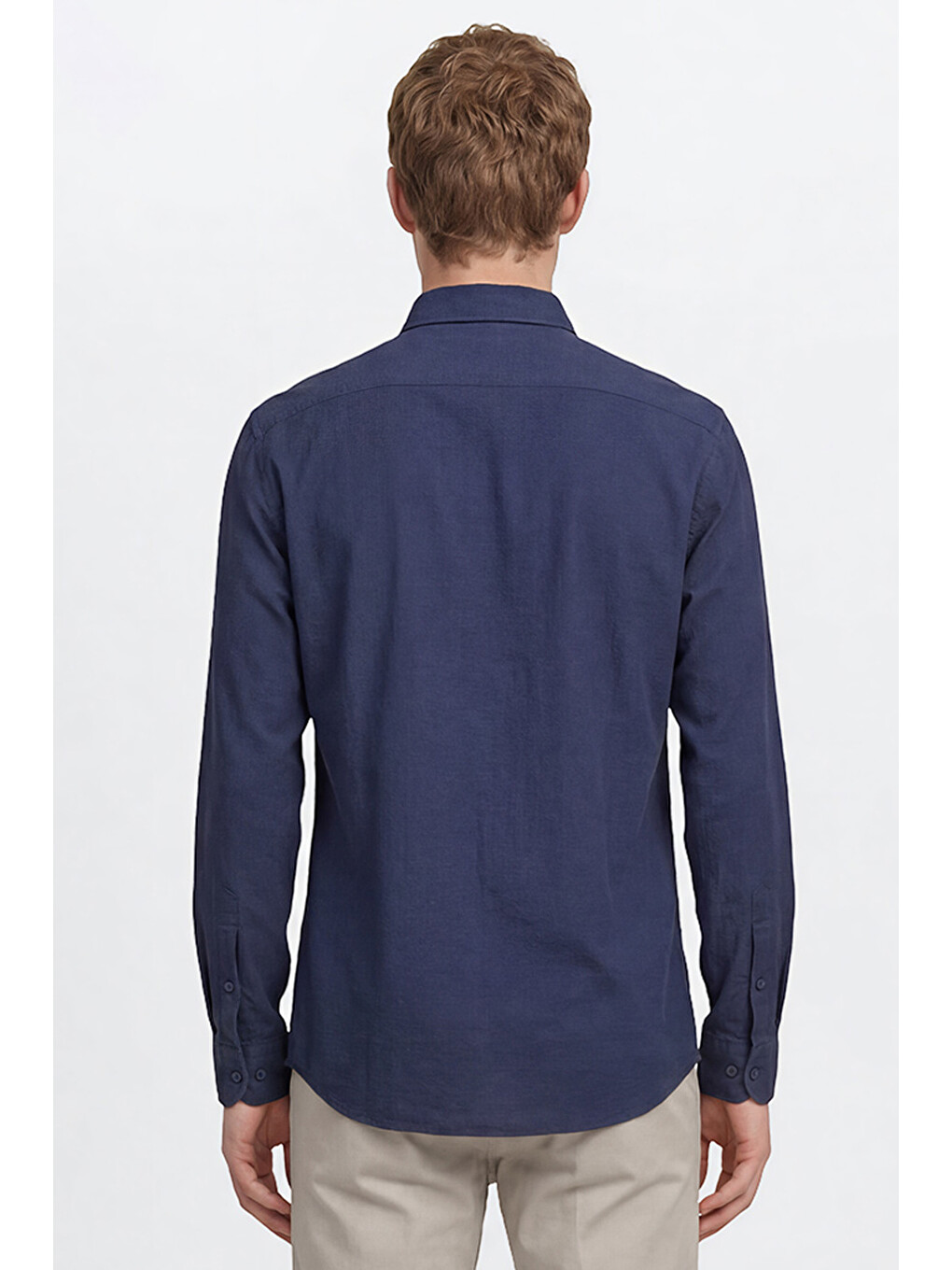 Erkek Lacivert %100 Pamuk Slim Fit Dar Kesim Düğmeli Yaka Gofre Desenli Gömlek-4