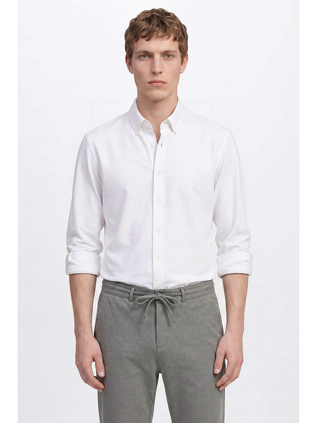Erkek Beyaz Pamuklu Tailored Slim Fit Dar Kesim Düğmeli Yaka Örme Gömlek-2