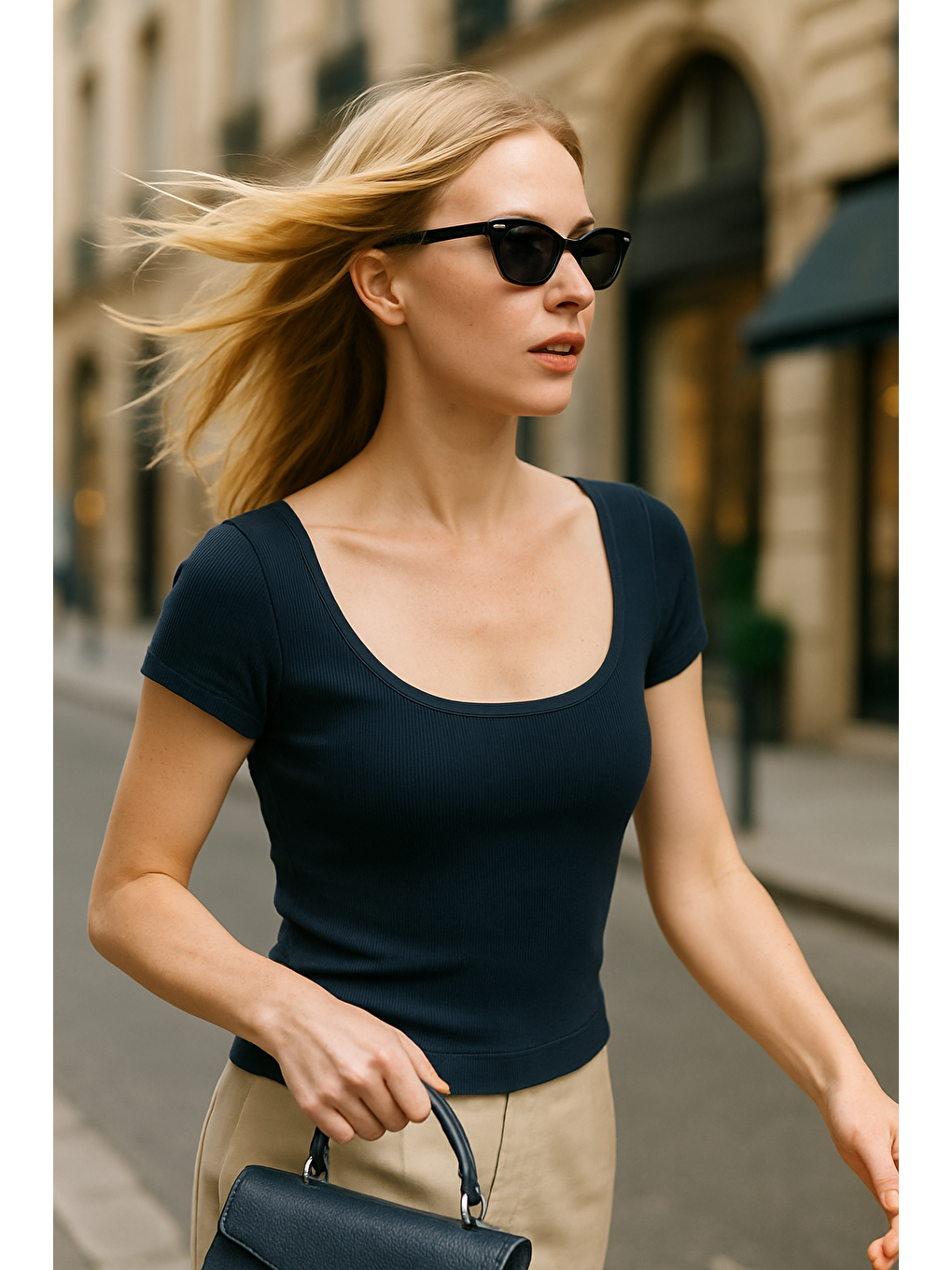 Lacivert Geniş Yaka Kadın Tişört Mg2341-5