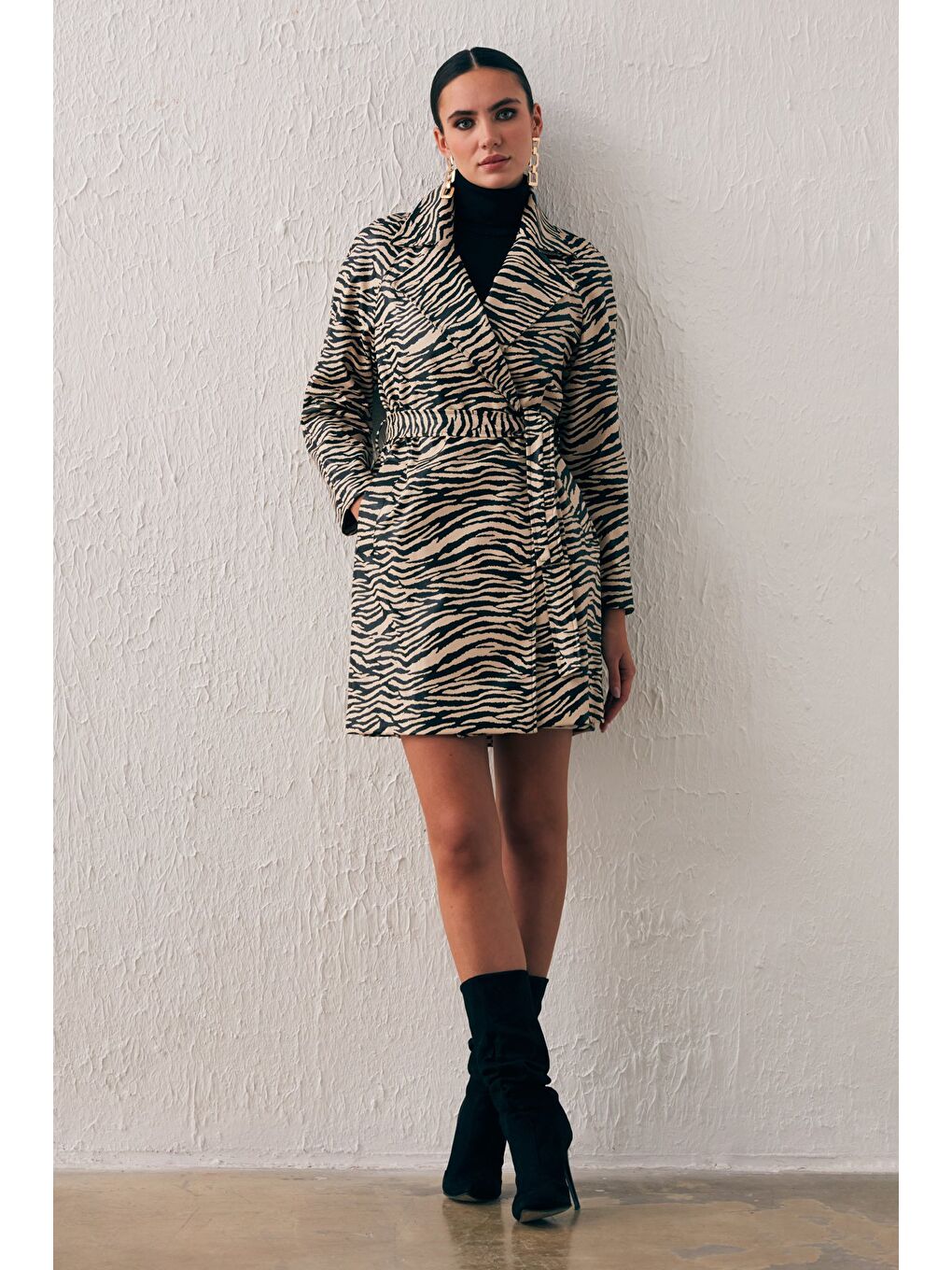 Kuşaklı Deri Trenç - Bej-4