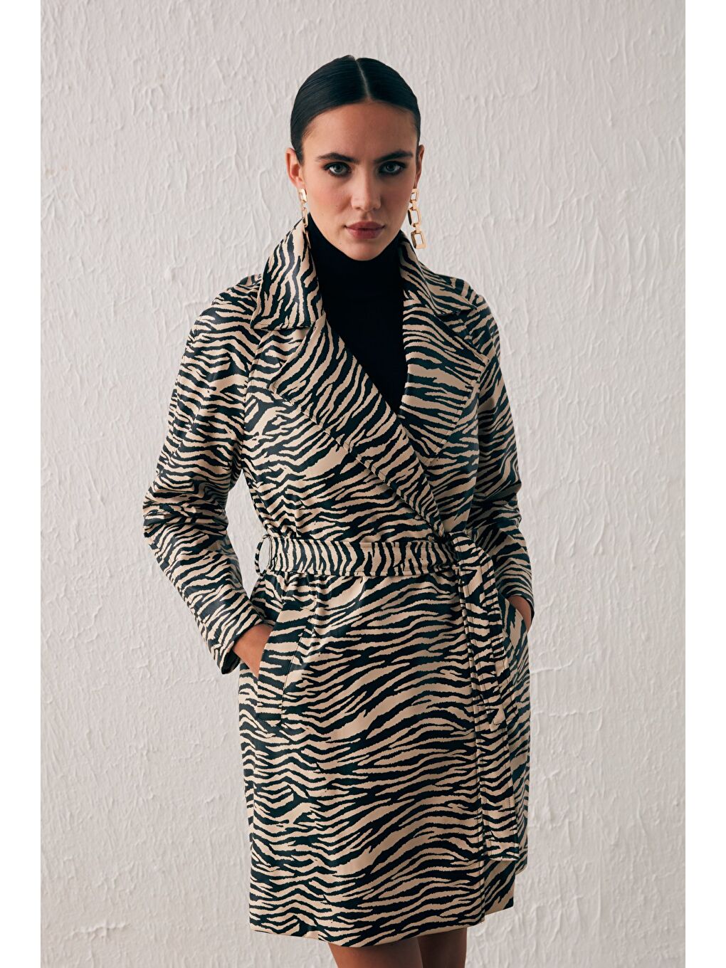 Kuşaklı Deri Trenç - Bej-5