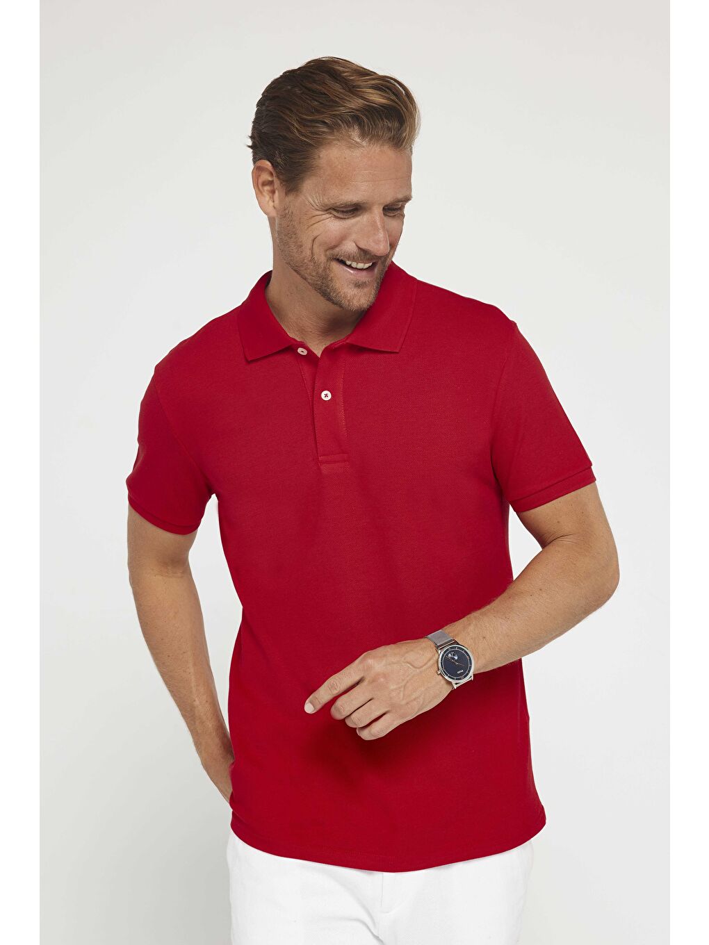 Erkek Slim Fit Dar Kesim %100 Pamuk Düz Pike Kırmızı Polo Yaka Tişört