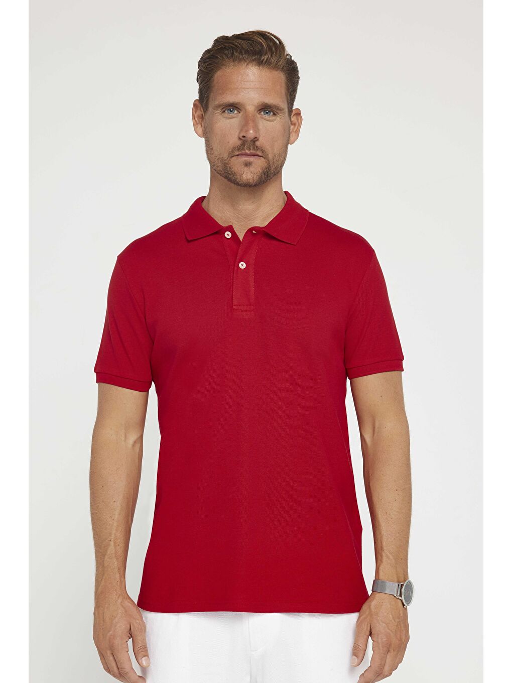 Erkek Slim Fit Dar Kesim %100 Pamuk Düz Pike Kırmızı Polo Yaka Tişört-1