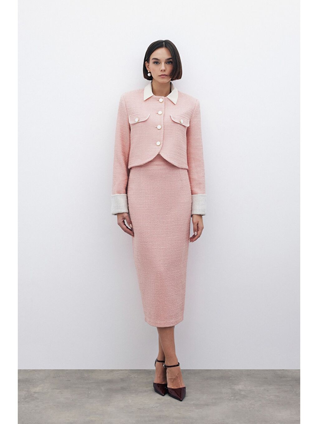 Pembe Süs Düğmeli Tüvit Kalem Etek - Pudra