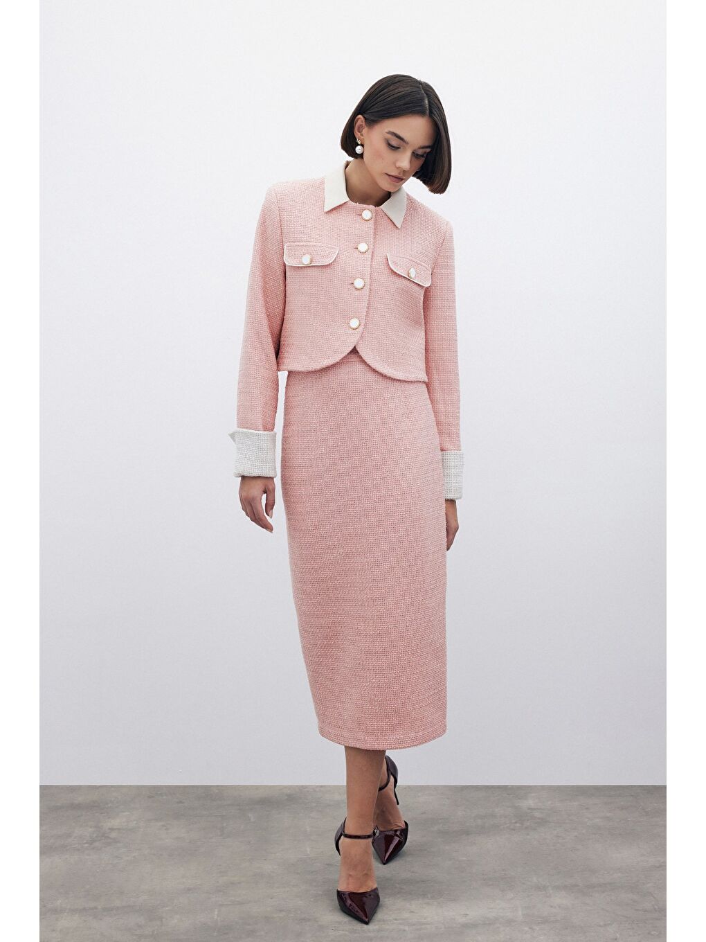 Pembe Süs Düğmeli Tüvit Kalem Etek - Pudra-1