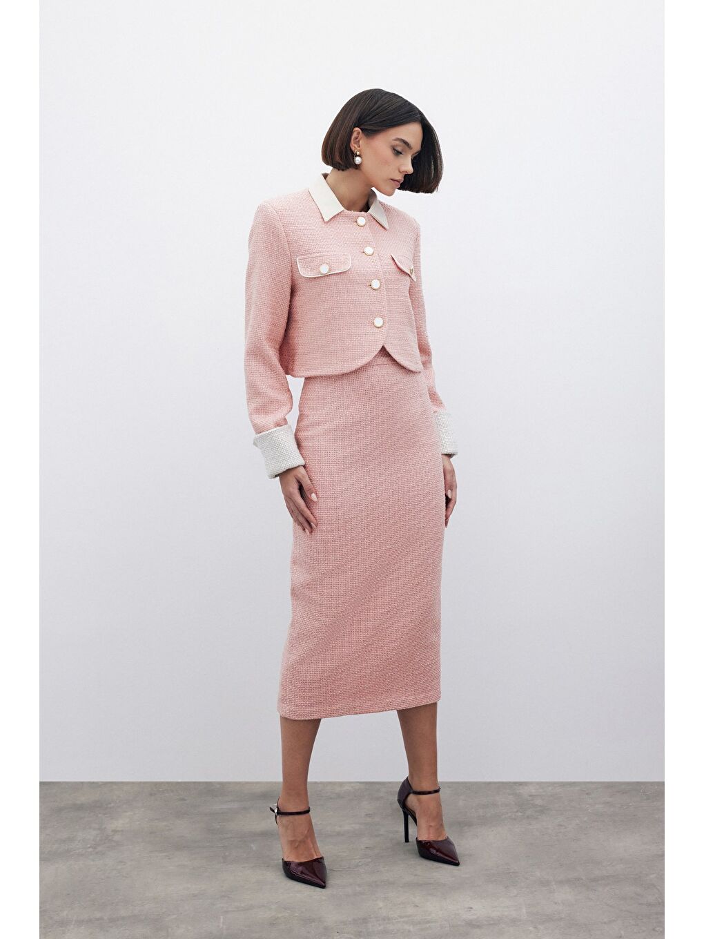 Pembe Süs Düğmeli Tüvit Kalem Etek - Pudra-2