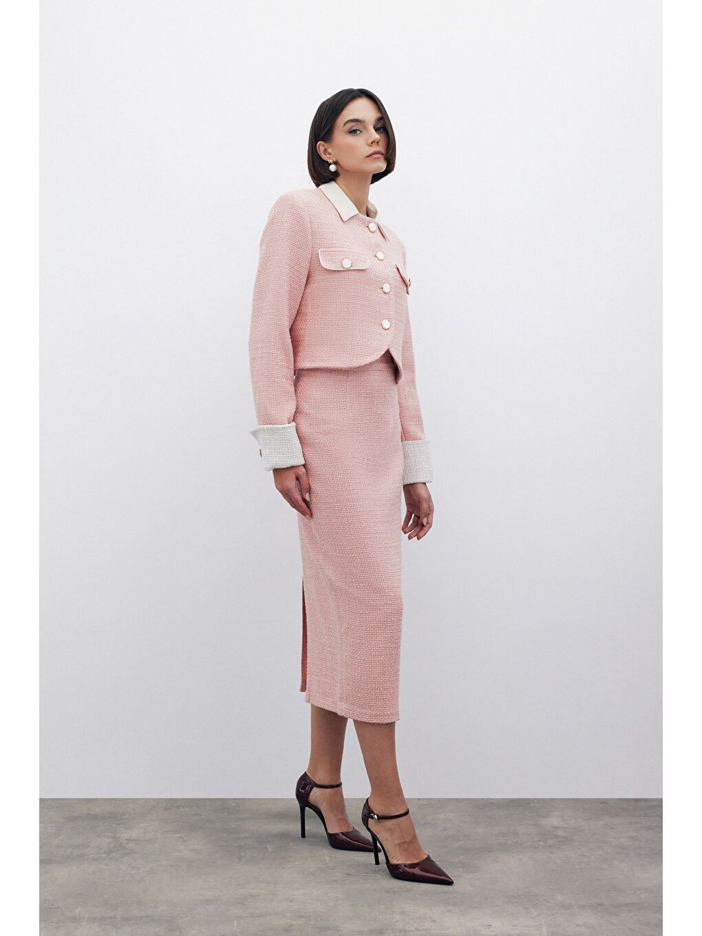 Pembe Süs Düğmeli Tüvit Kalem Etek - Pudra-3