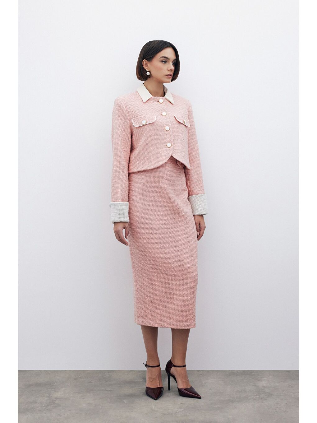 Pembe Süs Düğmeli Tüvit Kalem Etek - Pudra-4