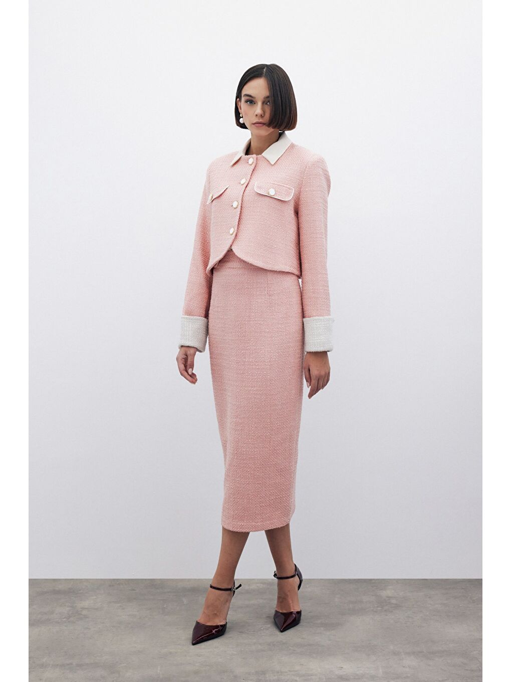 Pembe Süs Düğmeli Tüvit Kalem Etek - Pudra-5