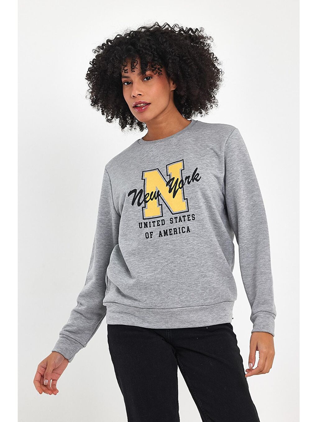 Gri Kadın Bisiklet Yaka Rahat Kalıp İçi Polarlı 3 İplik Kalın N Baskılı Sweatshirt SPR24SWK25-1