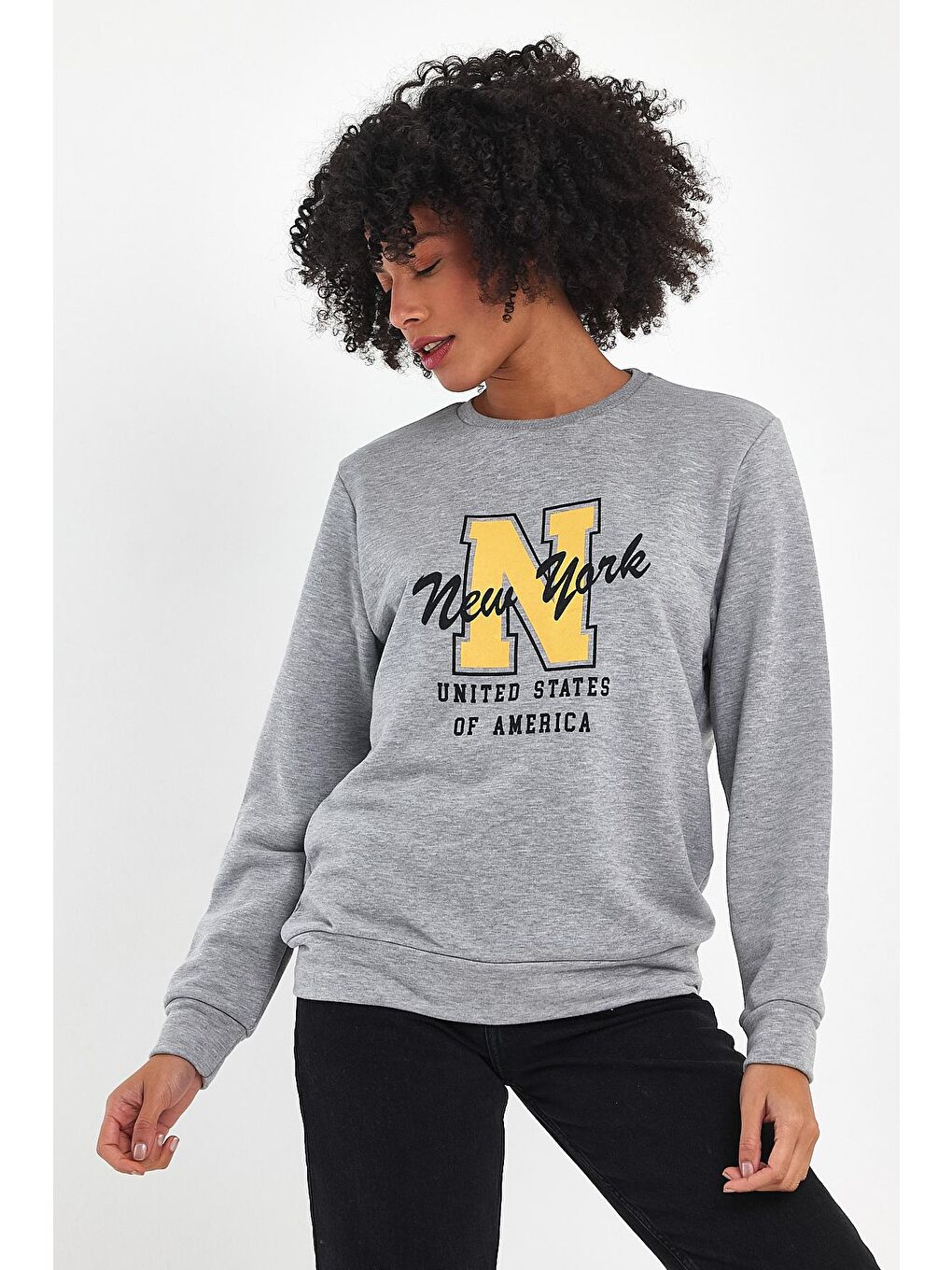 Gri Kadın Bisiklet Yaka Rahat Kalıp İçi Polarlı 3 İplik Kalın N Baskılı Sweatshirt SPR24SWK25-3