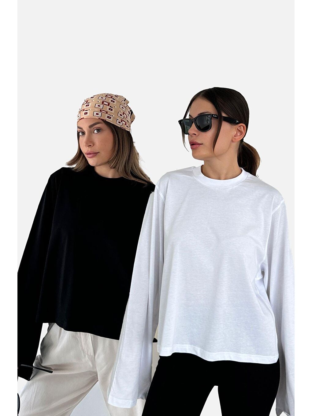 Geniş Kol Oversize 2'Li Paket T-Shirt 965 Siyah/Beyaz