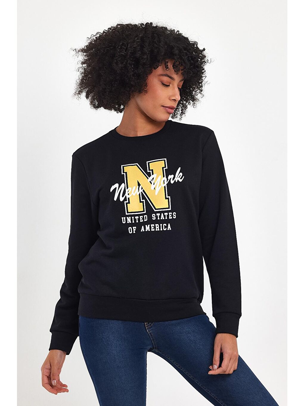 Siyah Kadın Bisiklet Yaka Rahat Kalıp İçi Polarlı 3 İplik Kalın N Baskılı Sweatshirt SPR24SWK25-2