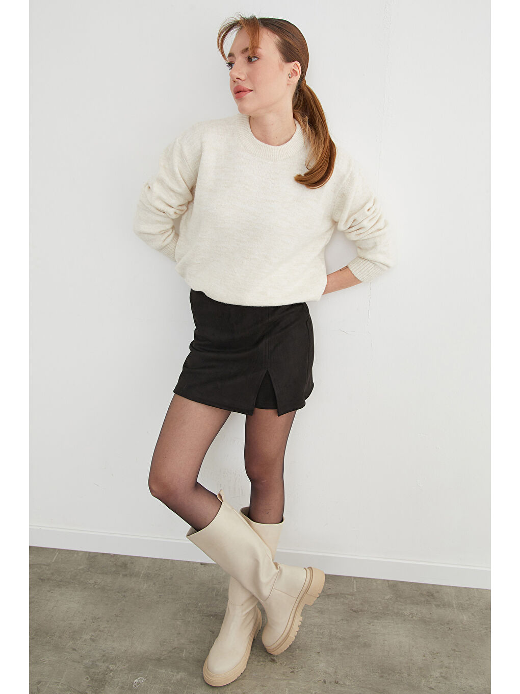 Ekru Basic Bisiklet Yaka Salaş Triko Kazak-1