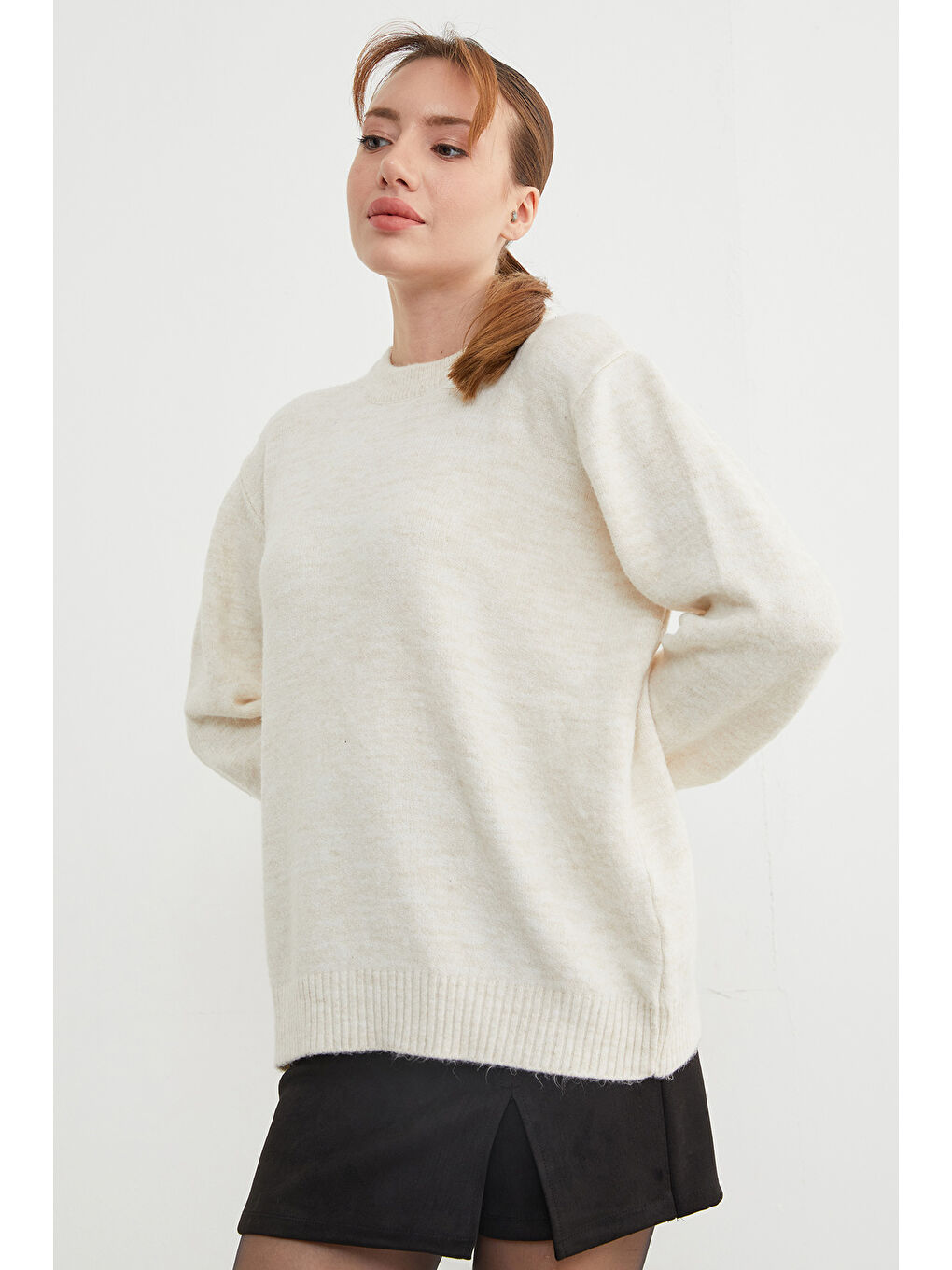 Ekru Basic Bisiklet Yaka Salaş Triko Kazak-4