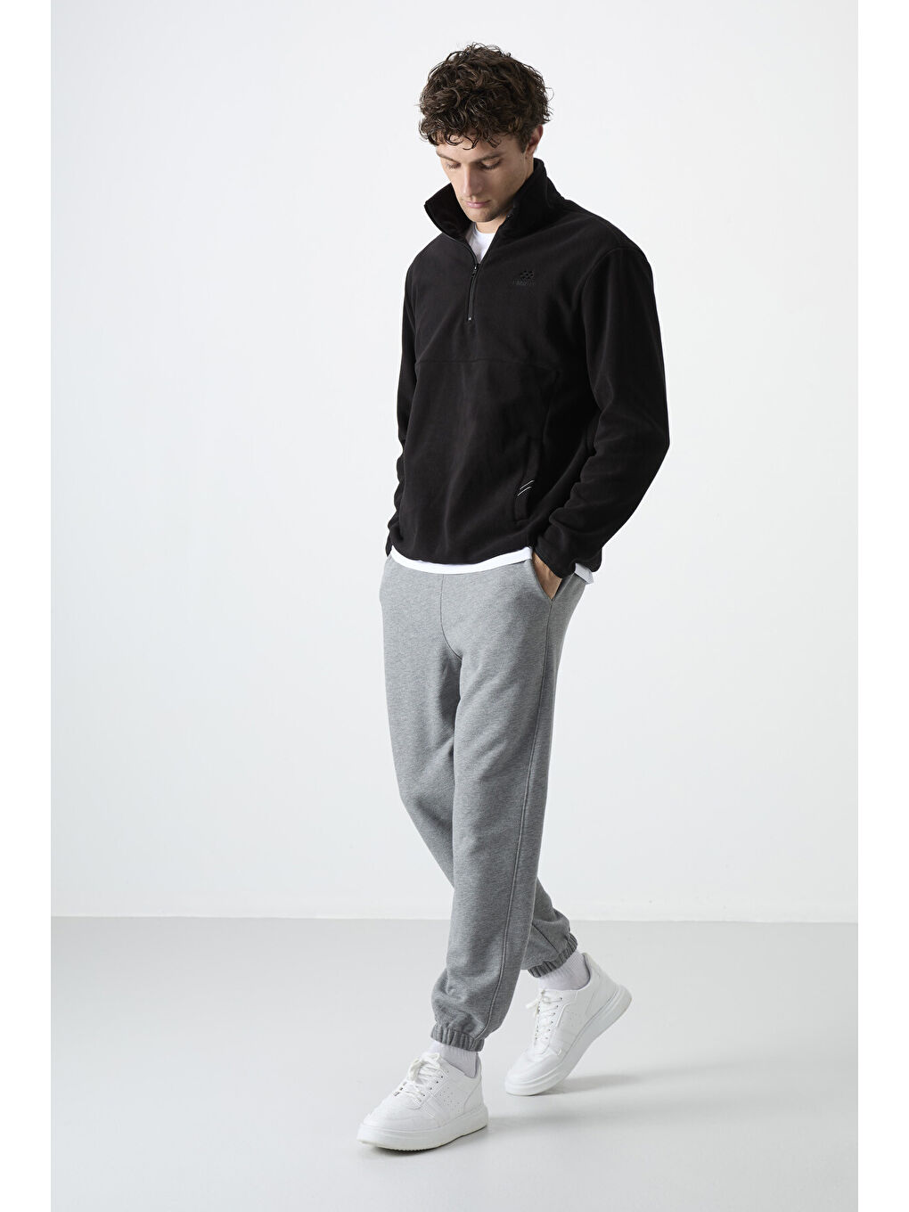 Siyah Yarım Fermuarlı Sweatshirt Slim Fit Dik Yaka Erkek Polar - 87891-3