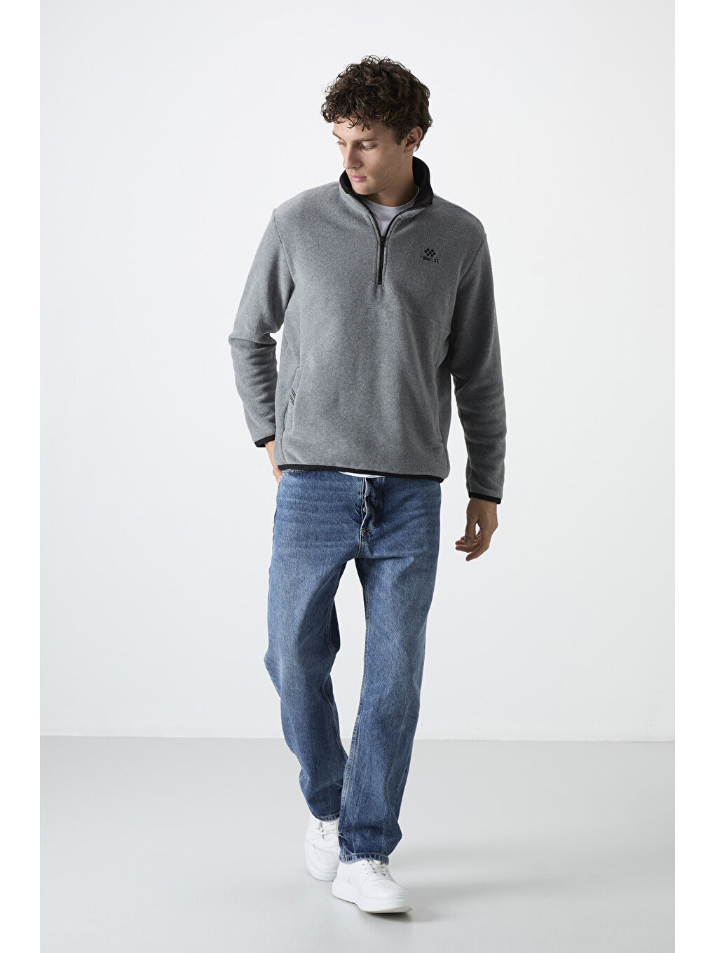 Gri Melanj Yarım Fermuarlı Sweatshirt Slim Fit Dik Yaka Erkek Polar - 87891-4