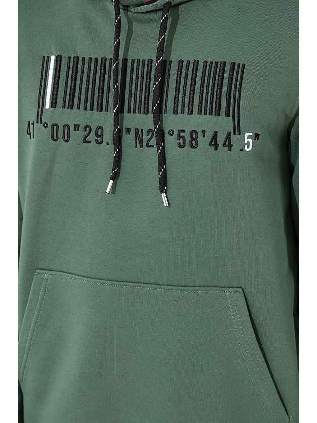 Yeşil Nakışlı Kanguru Cep Standart Kalıp Kapüşonlu  Erkek Hoodie - 87839-3