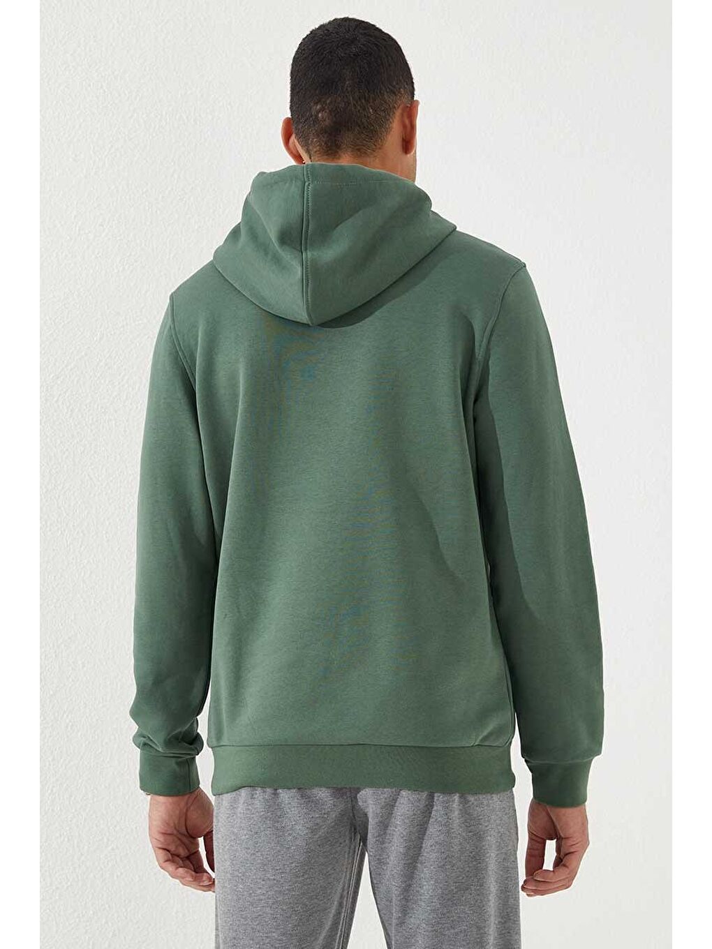 Yeşil Nakışlı Kanguru Cep Standart Kalıp Kapüşonlu  Erkek Hoodie - 87839-4