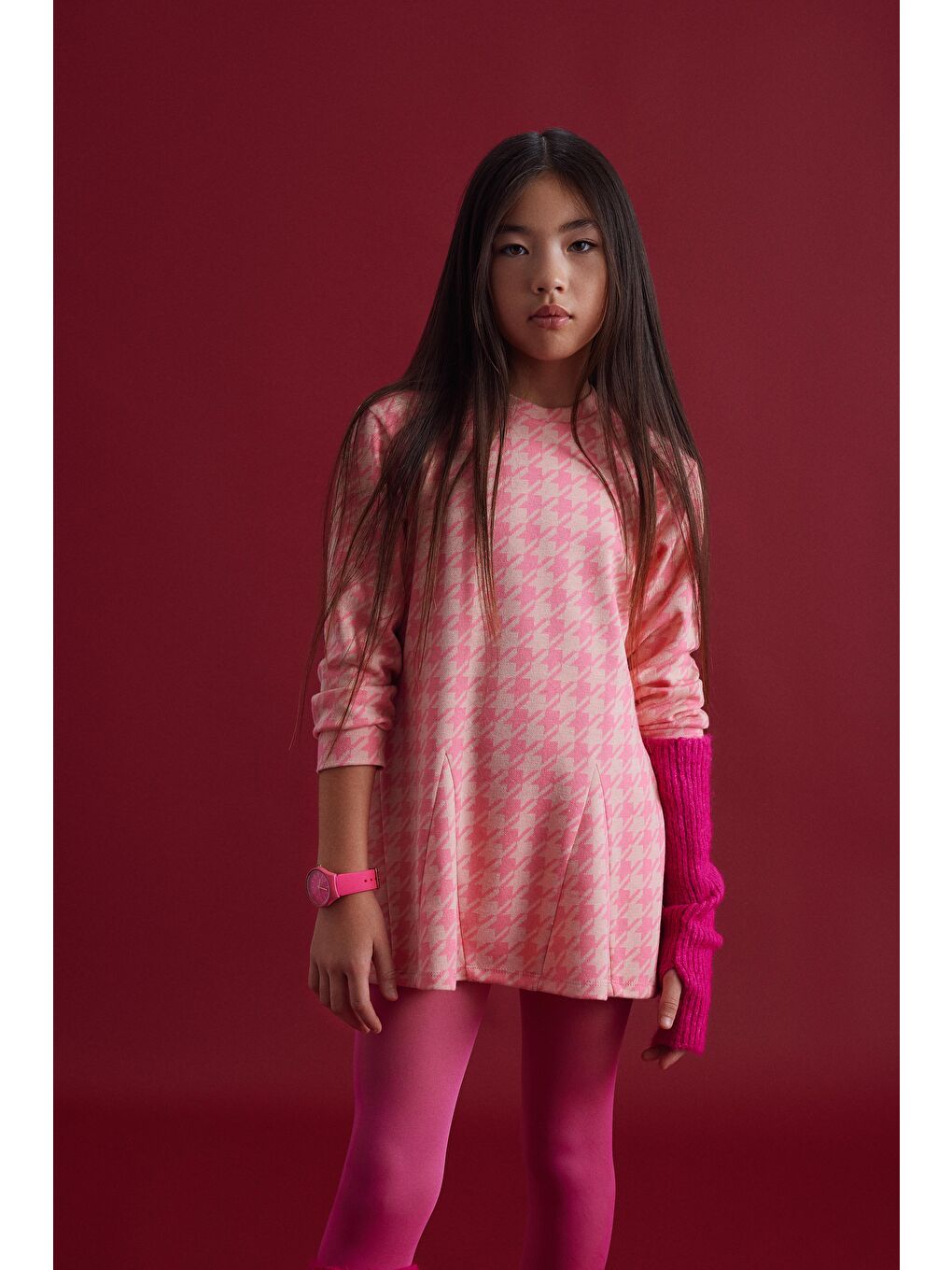 Kız Çocuk Pembe Jakarlı Yumuşak Dokulu Elbise