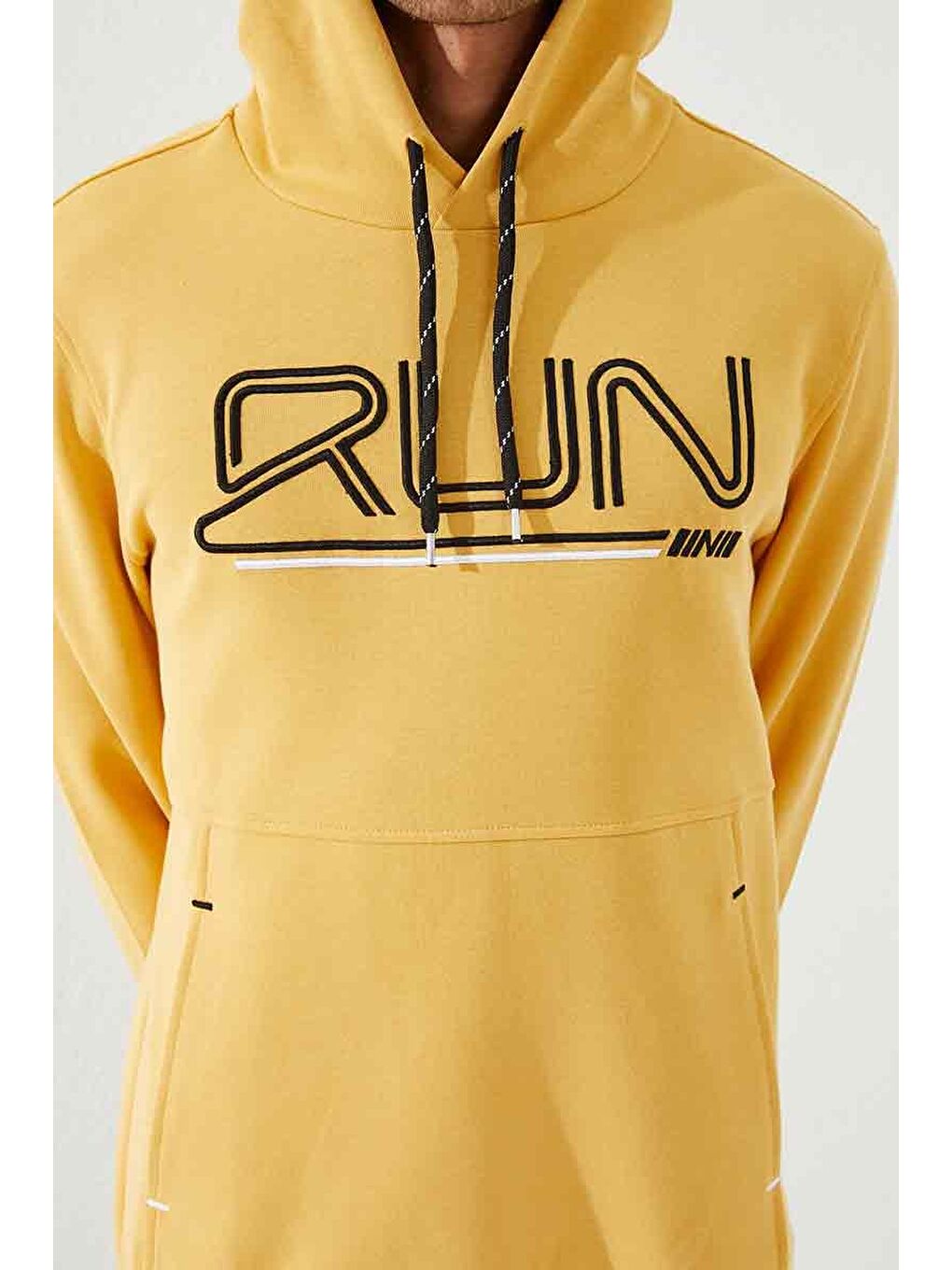 Sarı Hardal Yazı Nakışlı Standart Kalıp Kapüşonlu  Erkek Hoodie - 87887-3