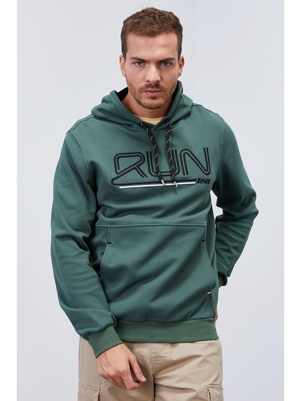 Yeşil Yazı Nakışlı Standart Kalıp Kapüşonlu  Erkek Hoodie - 87887