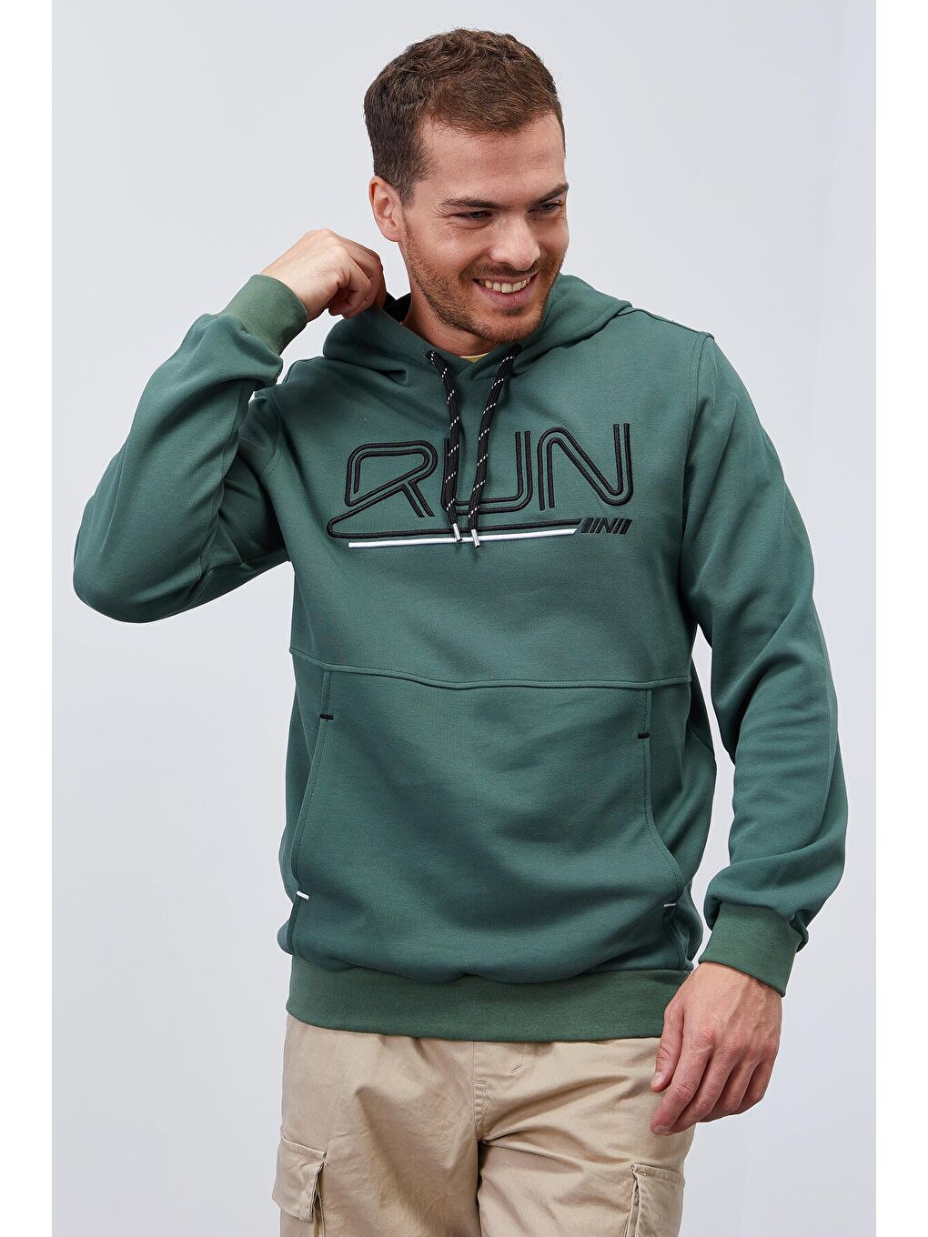 Yeşil Yazı Nakışlı Standart Kalıp Kapüşonlu  Erkek Hoodie - 87887-2