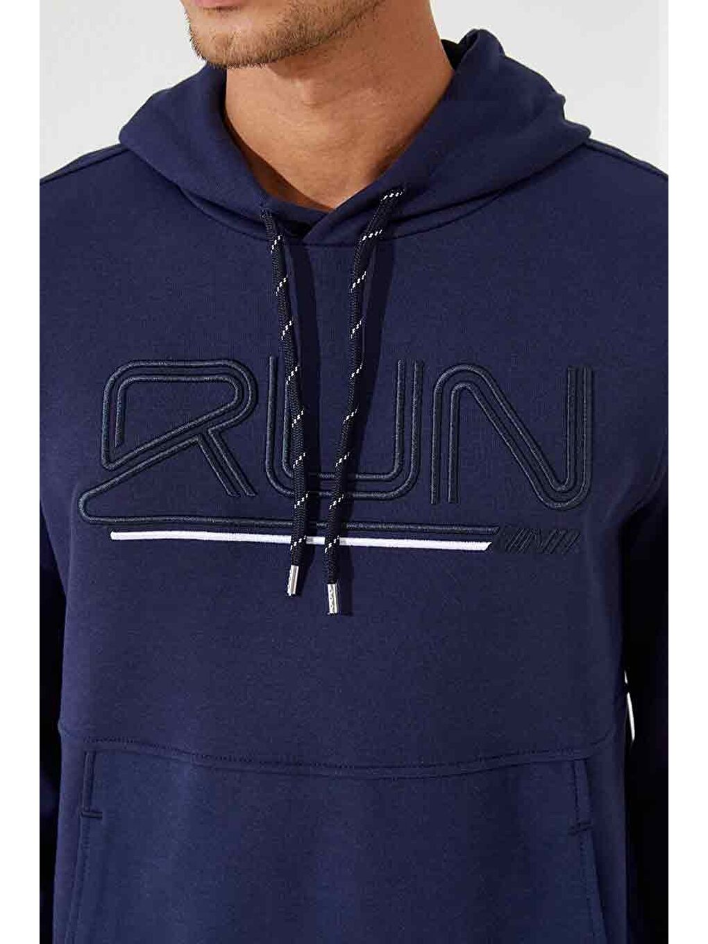 İndigo Yazı Nakışlı Standart Kalıp Kapüşonlu  Erkek Hoodie - 87887-3