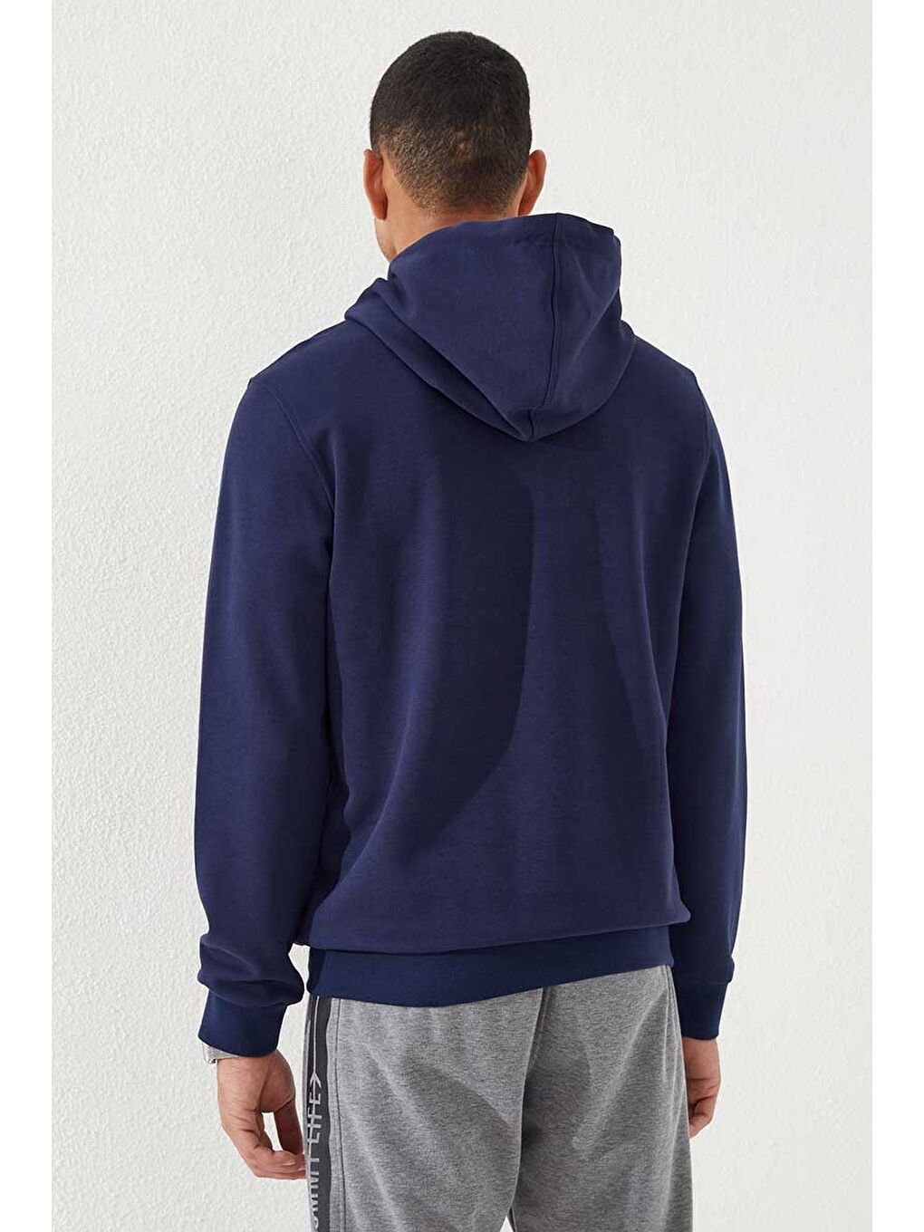 İndigo Yazı Nakışlı Standart Kalıp Kapüşonlu  Erkek Hoodie - 87887-4