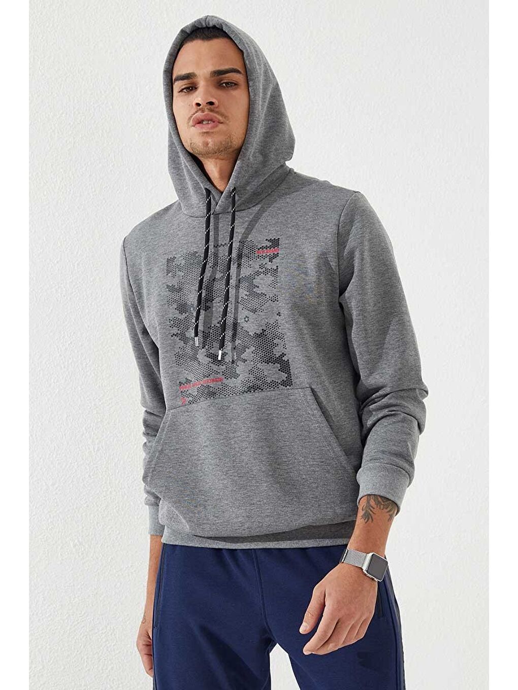 Gri Melanj Kamuflaj Desen Baskılı Standart Kalıp Kapüşonlu  Erkek Hoodie - 87884