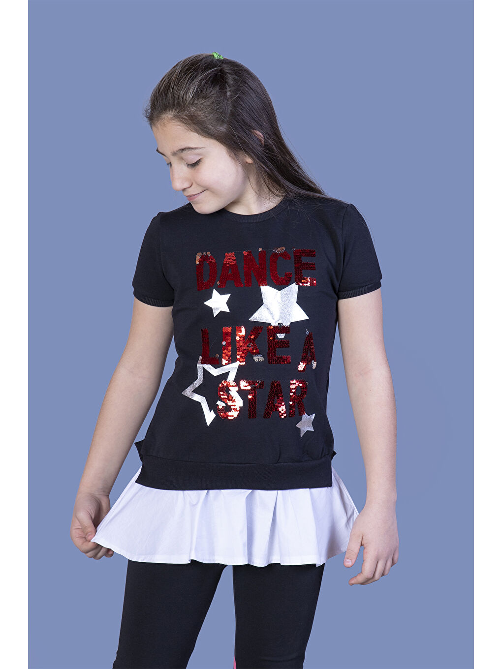Lacivert Kız Çocuk Dance Pul Nakışlı Tişört